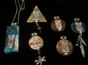 owl pendants made from altered game tiles by crazy rebecca